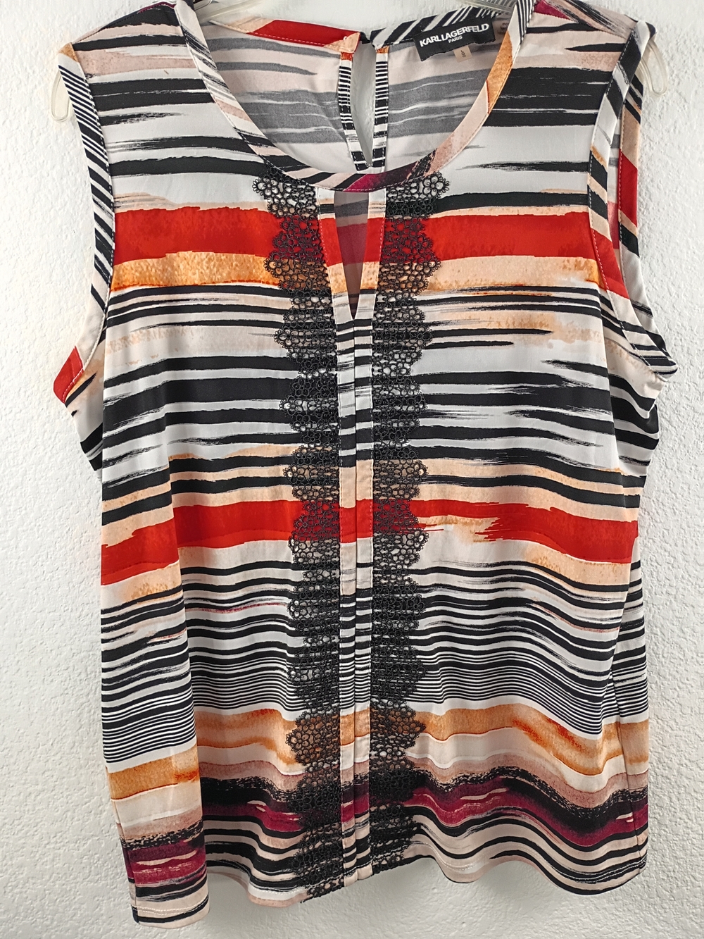 Karl Lagerfeld Women’s Sleeveless Striped Lace-Trim Top Women Size Large